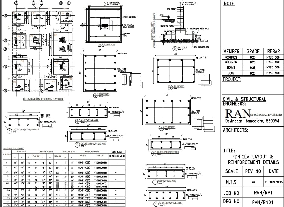 Foundation, Column Layout & Reinforcement Details